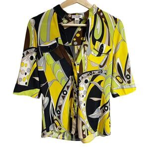 Citrine Women medium Yellow Abstract Art To Wear Half Sleeve Button Front Blouse